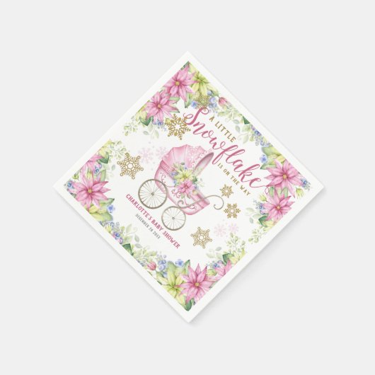 小さなスノーフレーク冬のフローラピンクの赤ちゃんシャワー スタンダードカクテルナプキン (角)