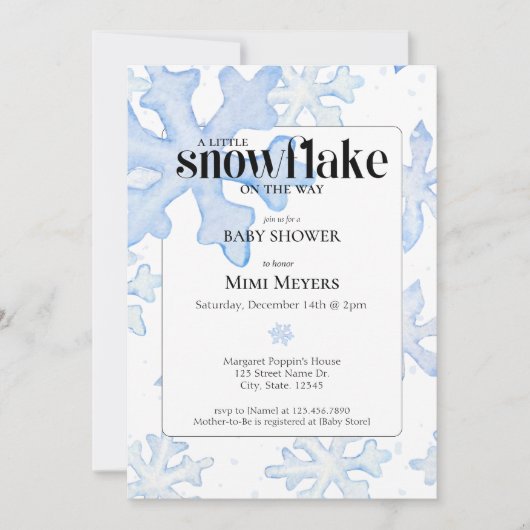 小さなスノーフレーク冬の水の色ベビーシャワー 招待状 (正面)