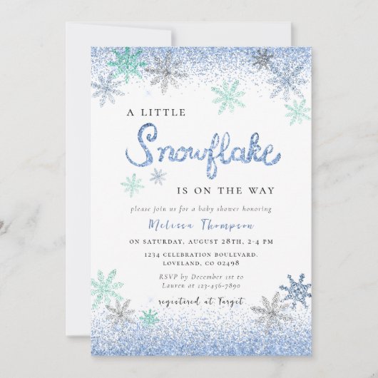 小さなスノーフレーク冬の赤ちゃんシャワー 招待状 (正面)