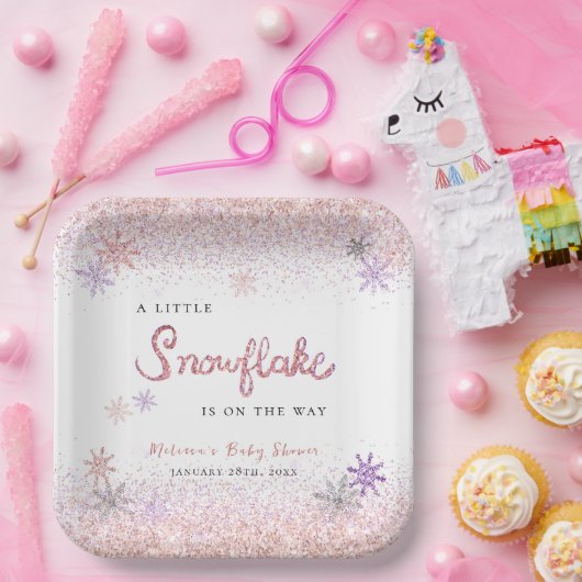 小さなスノーフレーク冬ピンクの女の子の赤ちゃんシャワー ペーパープレート (パーティー)
