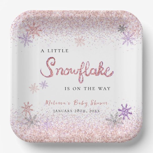 小さなスノーフレーク冬ピンクの女の子の赤ちゃんシャワー ペーパープレート (正面)