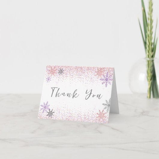 小さなスノーフレーク冬ピンクの赤ちゃんシャワーシルバー サンキューカード (正面)