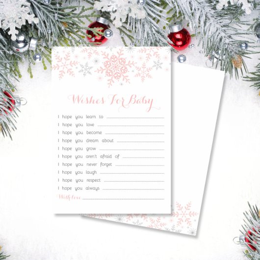 小さなスノーフレーク赤ちゃんシャワーの願い、ピンク&シルバー 招待状