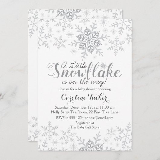 小さなスノーフレーク赤ちゃんシャワーシルバーグレー 招待状 (正面/裏面)