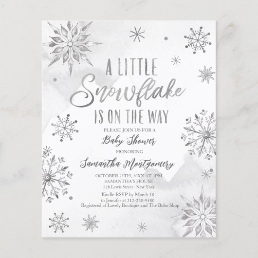 小さなスノーフレーク赤ちゃんシャワー予算招待状 (正面)