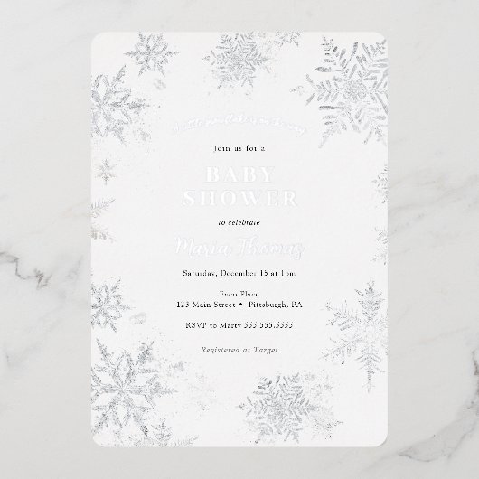 小さなスノーフレーク赤ちゃんシャワー 箔招待状 (正面)