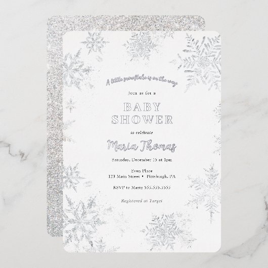 小さなスノーフレーク赤ちゃんシャワー 箔招待状 (正面/裏面)