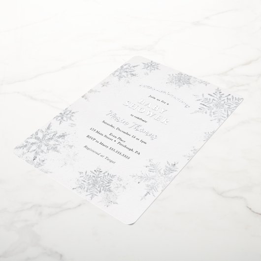 小さなスノーフレーク赤ちゃんシャワー 箔招待状 (回転した状態)