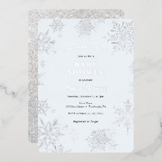 小さなスノーフレーク青の赤ちゃんシャワー 箔招待状