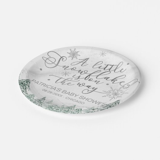 小さなスノーフレーク・グレーの赤ちゃんシャワー ペーパープレート (アングル)