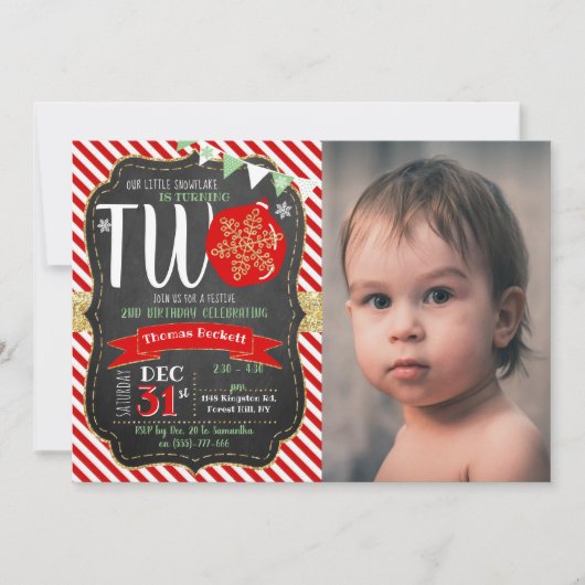 小さなスノーフレーク・ターニング2!クリスマス2回目の誕生日 招待状 (正面)