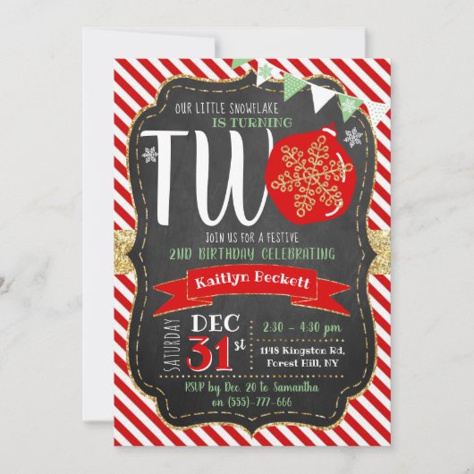 小さなスノーフレーク・ターニング2!クリスマス2回目の誕生日 招待状 (正面)