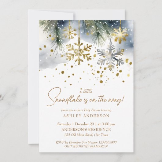 小さなスノーフレークboho冬の赤ちゃんシャワー 招待状 (正面)