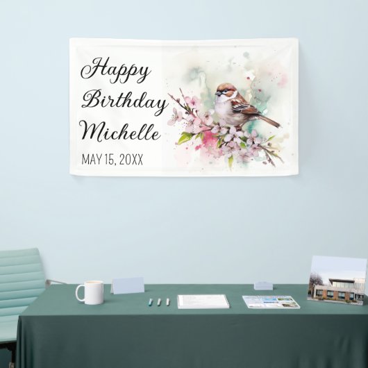 小さなスパロウさくらんぼ花春誕生日名 横断幕 (トレードショー)