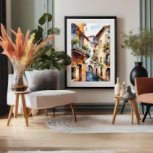 小さなスペインの旧市街の水の色のポスター