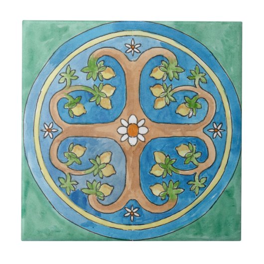 小さなセラミックタイルシチリア – スタイル"レモンの木" タイル (正面)