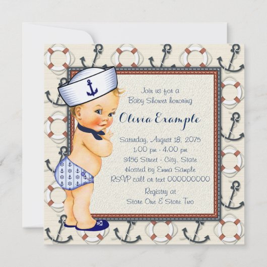 小さなセーラーボーイ航海の赤ちゃんシャワーブロンド 招待状 (裏面)