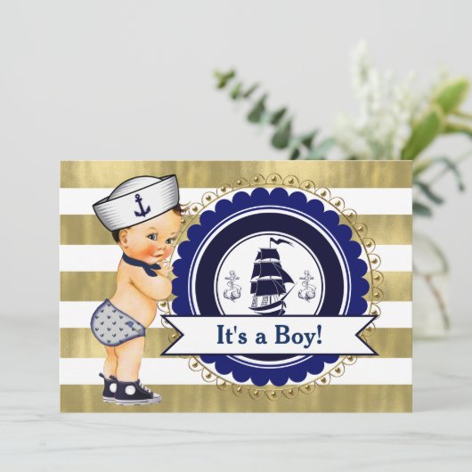 小さなセーラーボーイ航海の赤ちゃんシャワー 招待状 (スタンド正面)