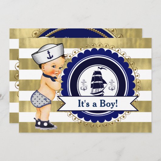 小さなセーラーボーイ航海の赤ちゃんシャワー 招待状 (正面/裏面)