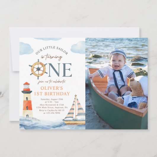 小さなセーラ航海のーブルーの誕生日の写真 招待状 (正面)