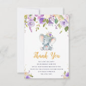 小さなゾウ紫色の赤ちゃんシャワーサンキューカード サンキューカード (正面)
