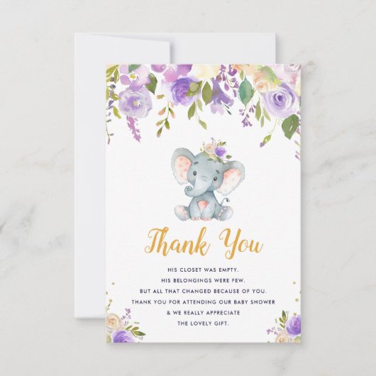 小さなゾウ紫色の赤ちゃんシャワーサンキューカード サンキューカード (正面)