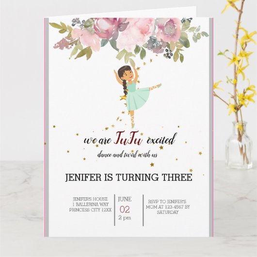 小さなダンサー |ピンクフローラバレエ誕生日パーティー カード (黄色い花)