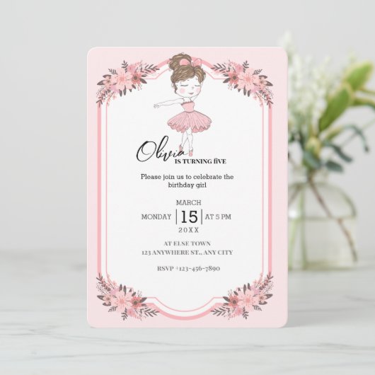 小さなダンサー |ピンクフローラバレエ誕生日パーティー 招待状 (スタンド正面)