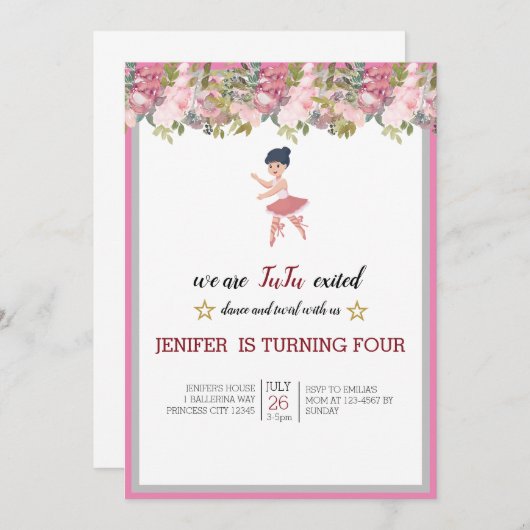 小さなダンサー |ピンクフローラバレエ誕生日パーティー 招待状 (正面/裏面)