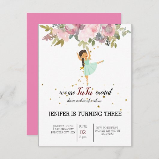 小さなダンサー |ピンクフローラバレエ誕生日パーティー 招待状 (正面/裏面)