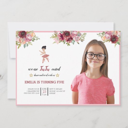 小さなダンサー |ピンクフローラバレエ誕生日パーティー 招待状 (正面)