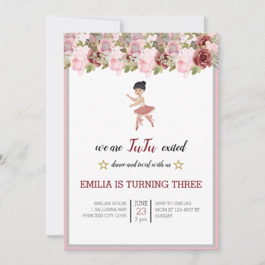 小さなダンサー |ピンクフローラバレエ誕生日パーティー 招待状 (正面)