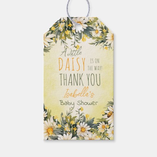 小さなデイジーが途中のフローラの赤ちゃんシャワー ギフトタグ (正面)