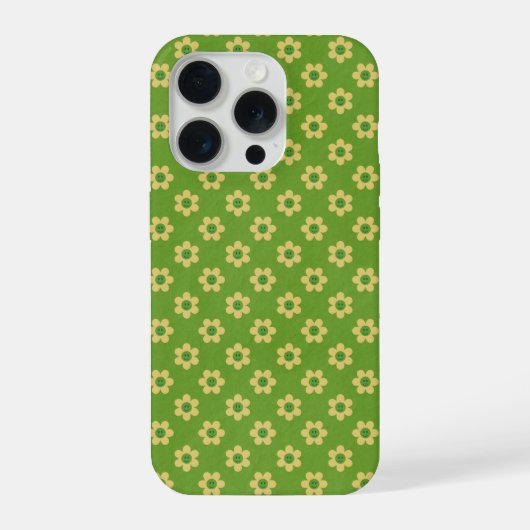 小さなデイジーと幸せな顔のミッドグリーンのスマホケース iPhoneケース (裏面)