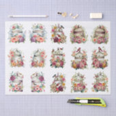 小さなデコパージュ作品のための花と鳥かご 薄葉紙 (クラフト)