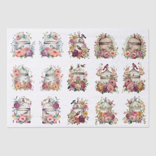 小さなデコパージュ作品のための花と鳥かご 薄葉紙 (正面)