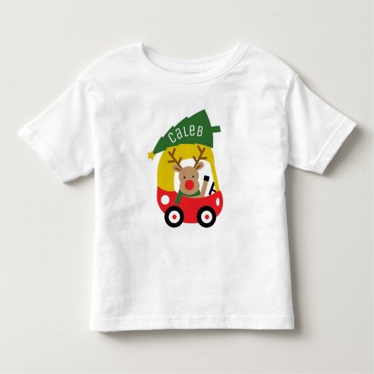 小さなトナカイの赤い車とクリスマスツリーの子供服 ベイビー トドラーTシャツ (正面)