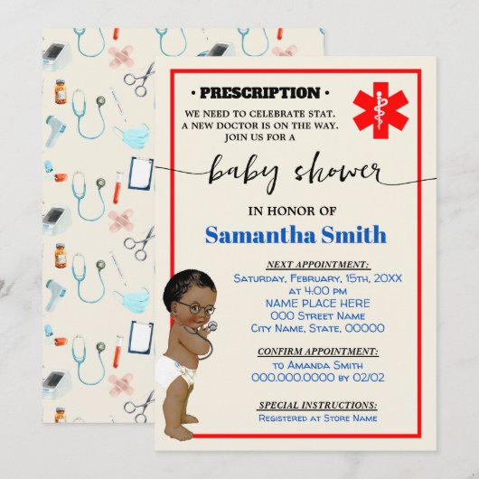 小さなドクターがやってくる！メディカル AA ベイビーシャワー 招待状 (正面/裏面)
