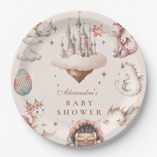 小さなドラゴンが赤ちゃんシャワーを浴びる ペーパープレート (正面)