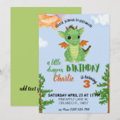 小さなドラゴンの誕生日パーティーへようこそ！青い赤ちゃんの誕生日おめでとう 招待状 (正面/裏面)