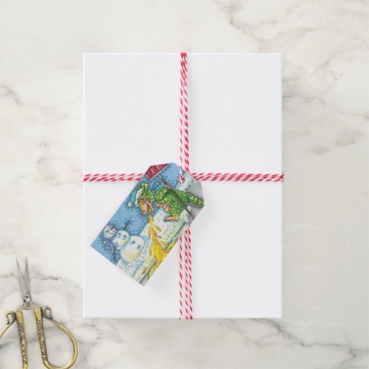 小さなドラゴン溶け&ショベル雪おもしろいかわいい ギフトタグ (より糸付き)