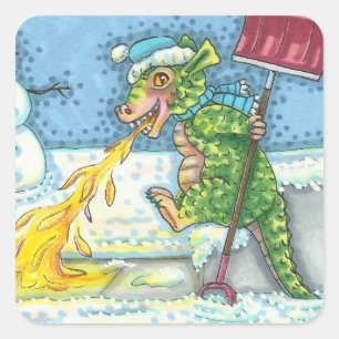 小さなドラゴン溶け&ショベル雪おもしろいかわいい スクエアシール