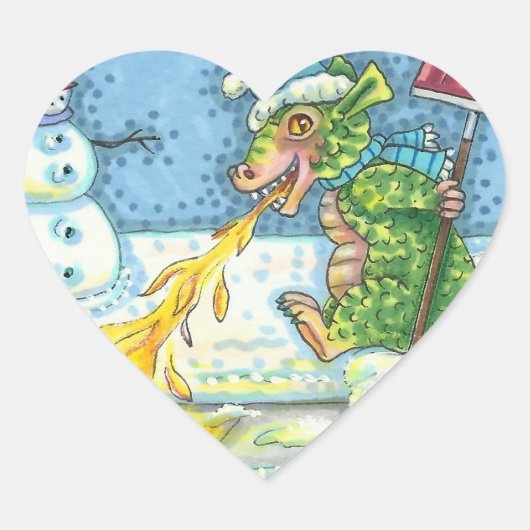 小さなドラゴン溶け&ショベル雪おもしろいかわいい ハートシール (正面)