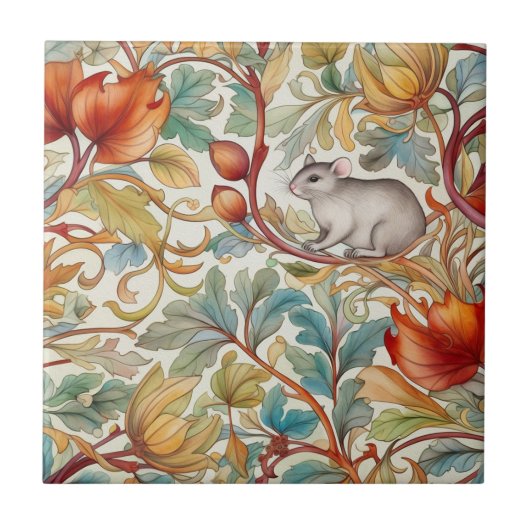 小さなネズミがに葉乗った タイル (正面)