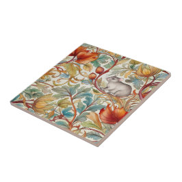 小さなネズミがに葉乗った タイル