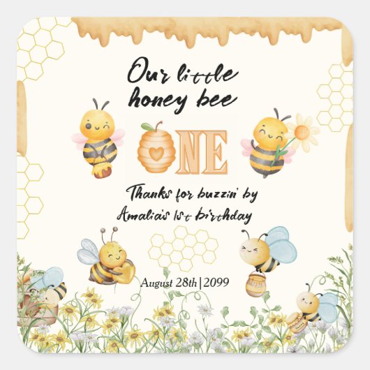 小さなハチミツが1歳に Bee One ワイルドフラワー 誕生日 スクエアシール (正面)
