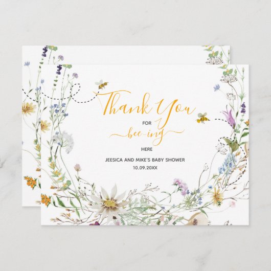 小さなハチミツバチワイルドフラワーのサンキューカード サンキューカード (正面/裏面)