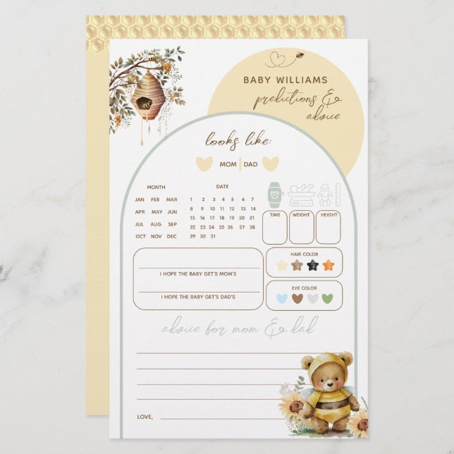 小さなハニーベアーベイビーシャワー予測ゲーム (正面/裏面)