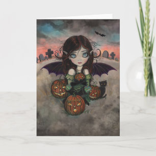 小さなハロウィンの吸血鬼の妖精とかぼちゃのランタン カード