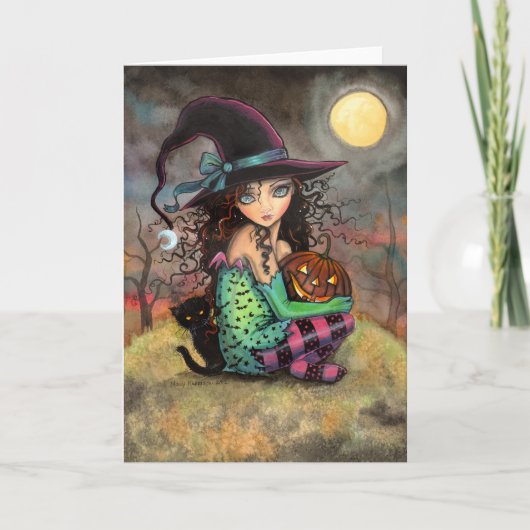 小さなハロウィンの魔女と黒猫のカード カード (正面)